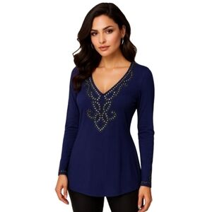 INC Beaded Tunic Top Navy Blue Pima Cotton Modal‎ Embellished V-Neck Women's MP